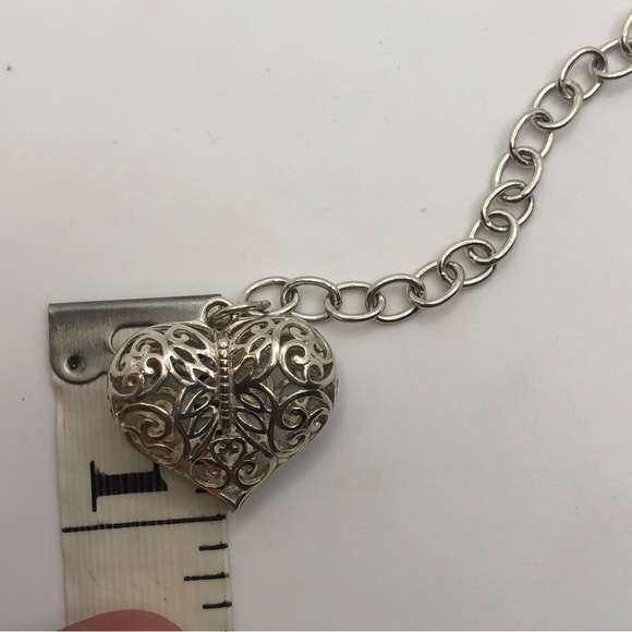 Vtg Sterling Silver 3D Puffy Filigree Heart Charm Bracelet 7.5” Adjustable - Picture 5 of 6